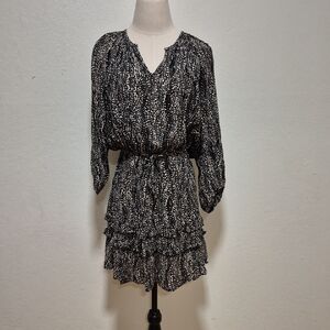 Z Supply Long Sleeve Mini Ruffle Black/Creme Dress w Gathered Waist w Belt Sz XS